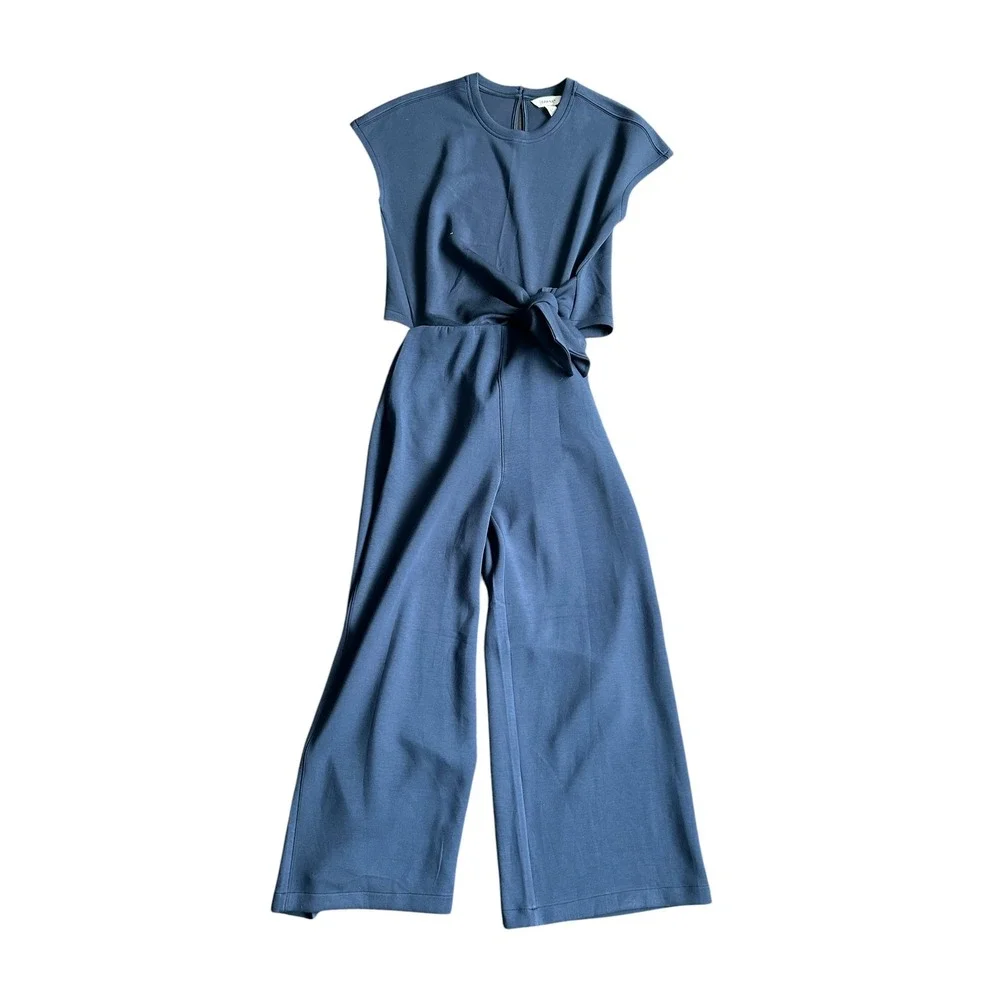 SPANX Air Essentials Wide Leg Tie Waist Jumpsuit Navy Blue Womens Small Petite